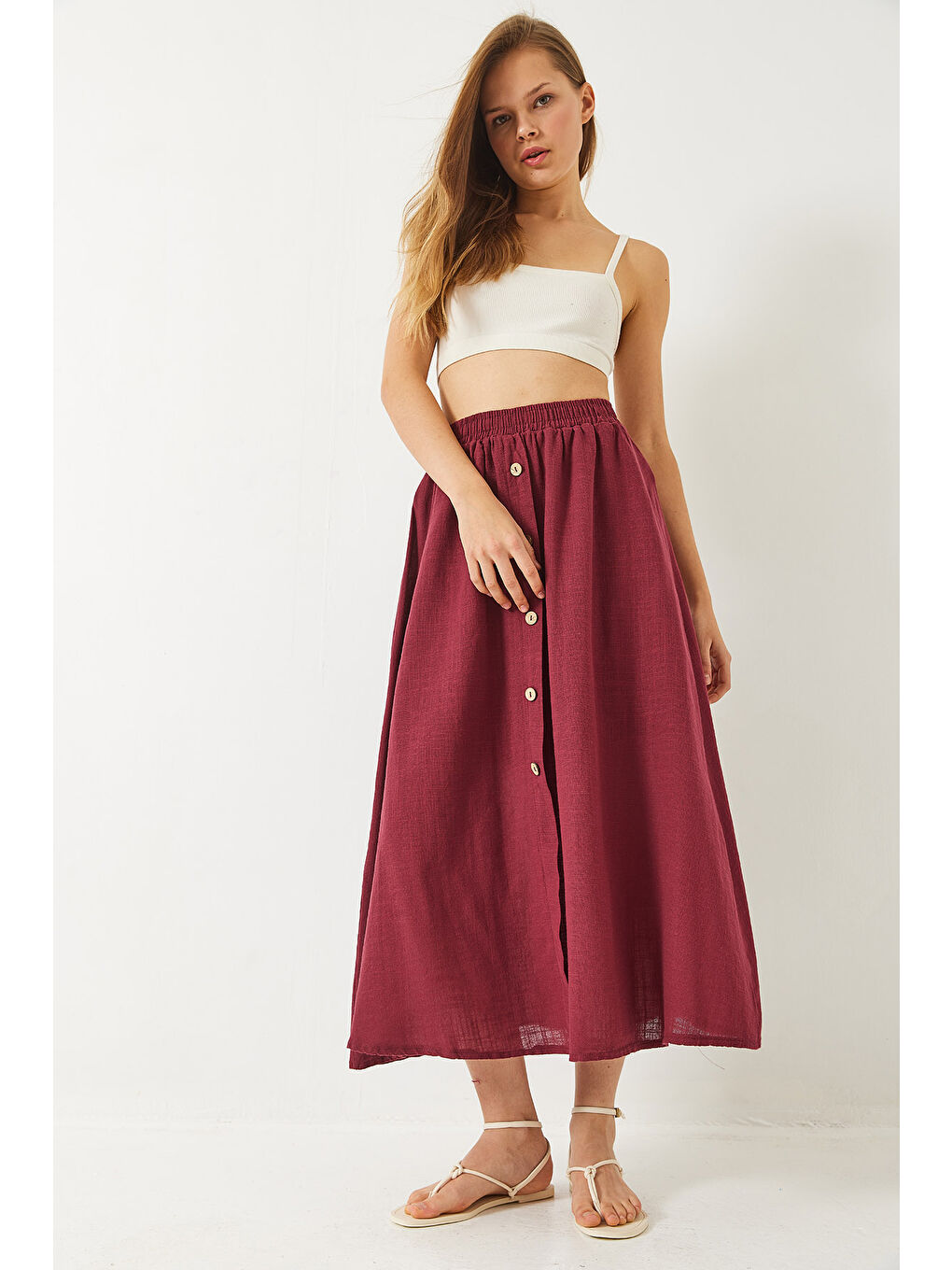 Bordo Kadın Düğme Detaylı Beli Lastikli Kısa Astarlı Keten Etek-3