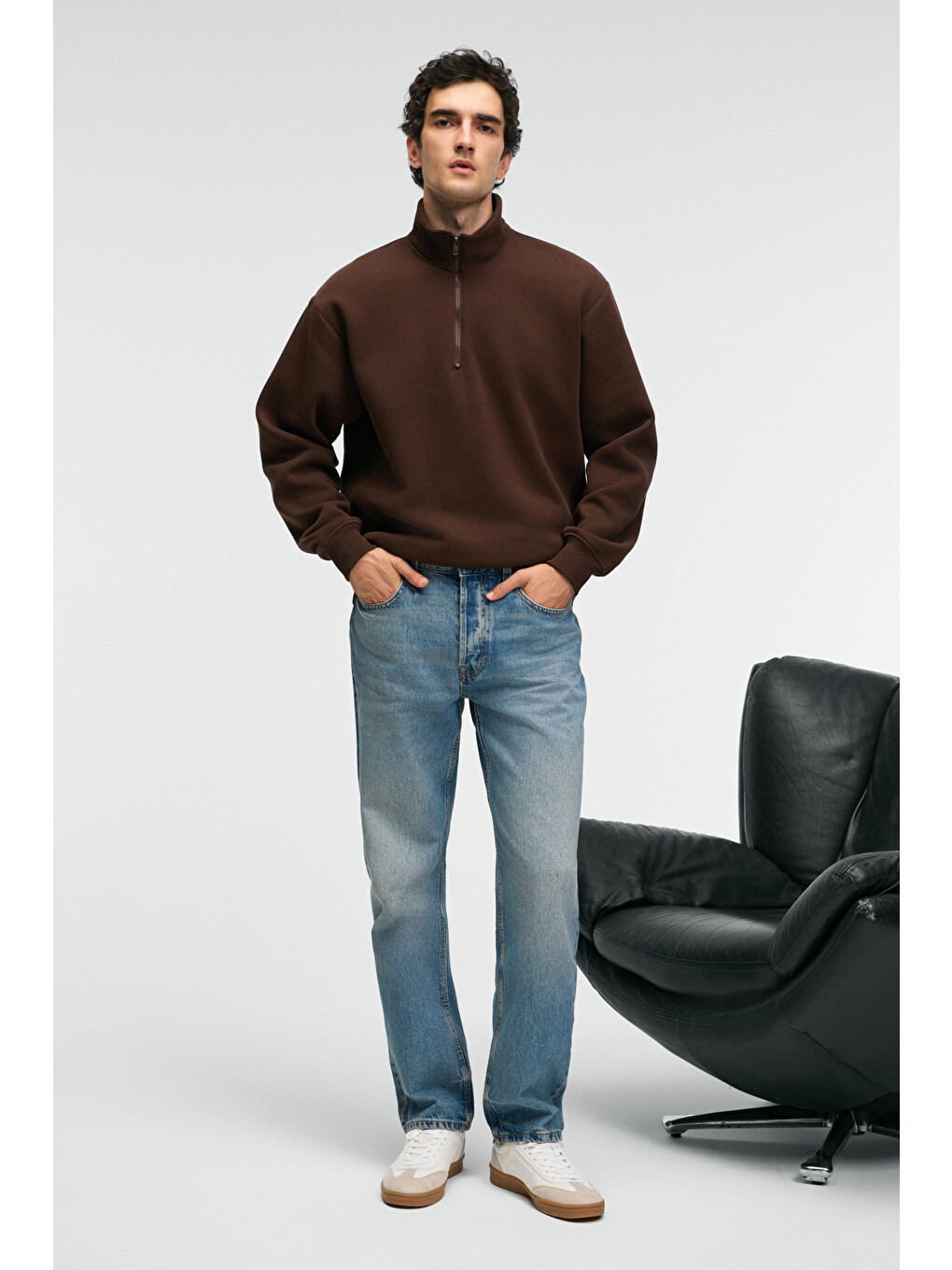 Kahverengi BAXTER Erkek Dik Yakalı Fermuarlı Relaxed KAHVERENGİ Sweatshirt-1