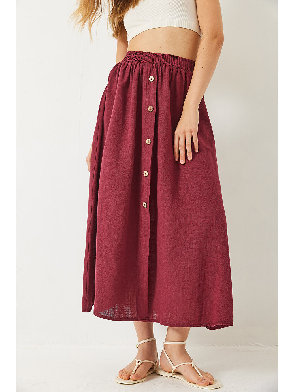 Bordo Kadın Düğme Detaylı Beli Lastikli Kısa Astarlı Keten Etek-4