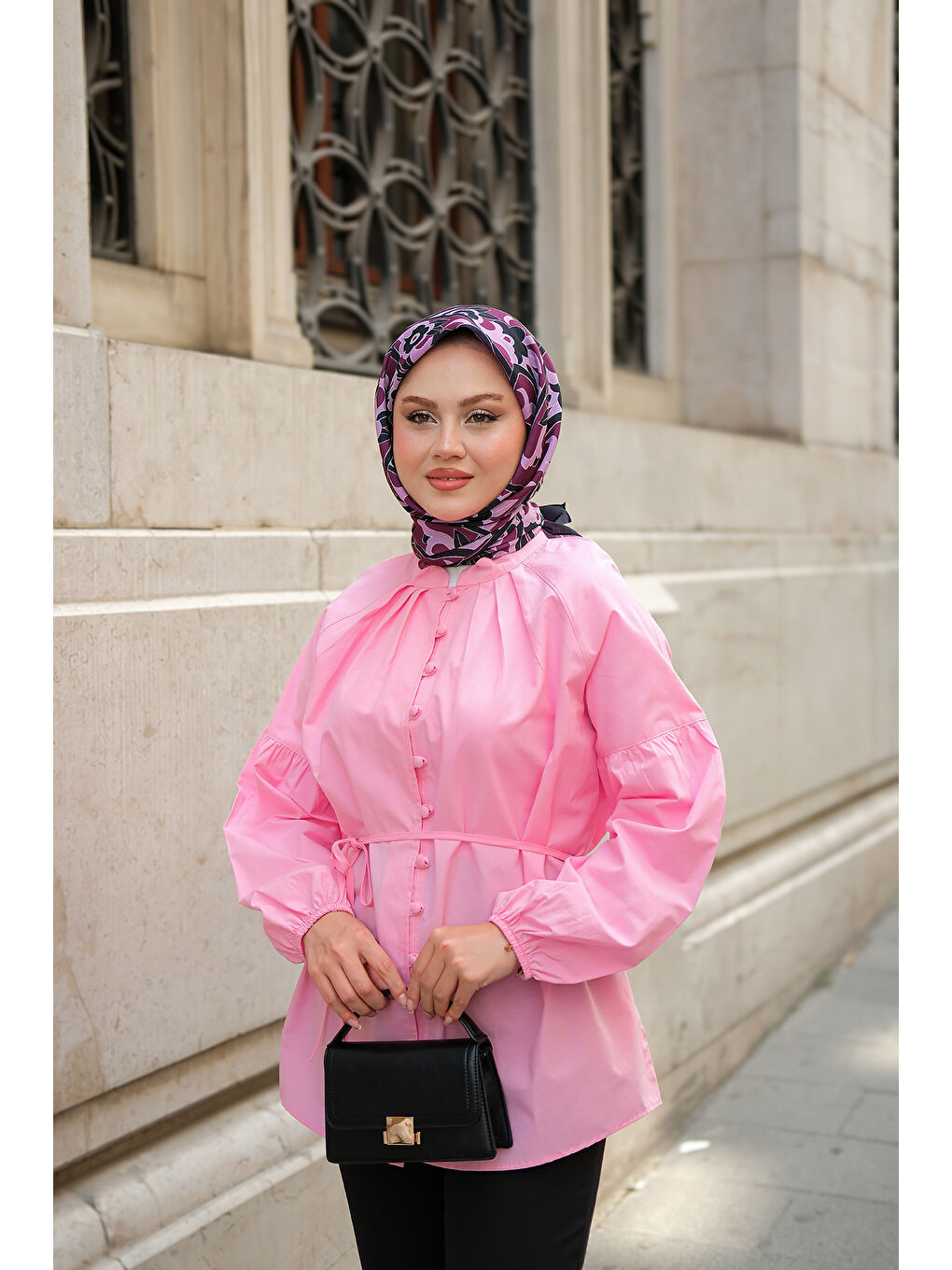 Kadın Brit Düğme Detaylı Gömlek Pembe-2