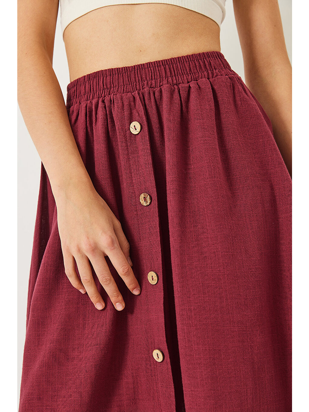 Bordo Kadın Düğme Detaylı Beli Lastikli Kısa Astarlı Keten Etek-5