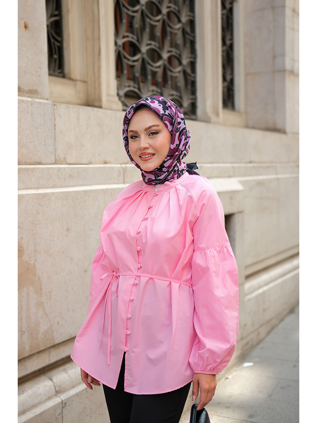 Kadın Brit Düğme Detaylı Gömlek Pembe-3