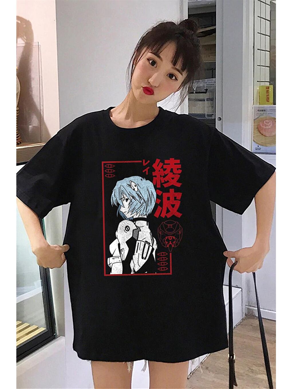 Touz Moda Siyah Rei Ayanami Siyah Unisex Oversize T-shirt