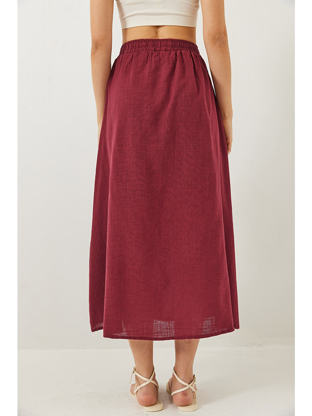 Bordo Kadın Düğme Detaylı Beli Lastikli Kısa Astarlı Keten Etek-6