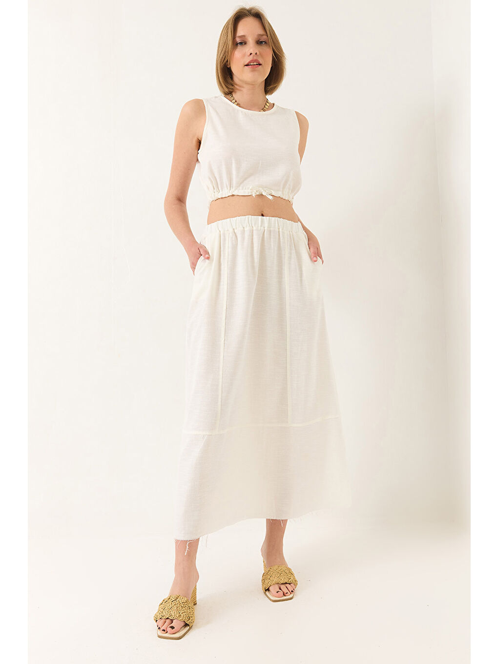 Ekru Kadın Keten Beli Bağlamalı Bluz Cep Detaylı Etek Alt-Üst Takım