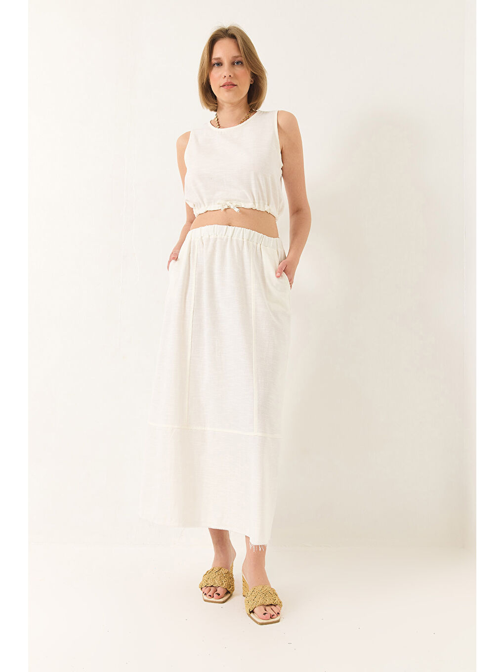 Ekru Kadın Keten Beli Bağlamalı Bluz Cep Detaylı Etek Alt-Üst Takım-1