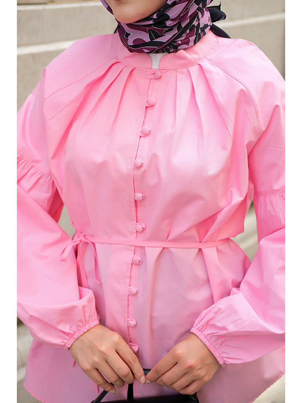 Kadın Brit Düğme Detaylı Gömlek Pembe-4