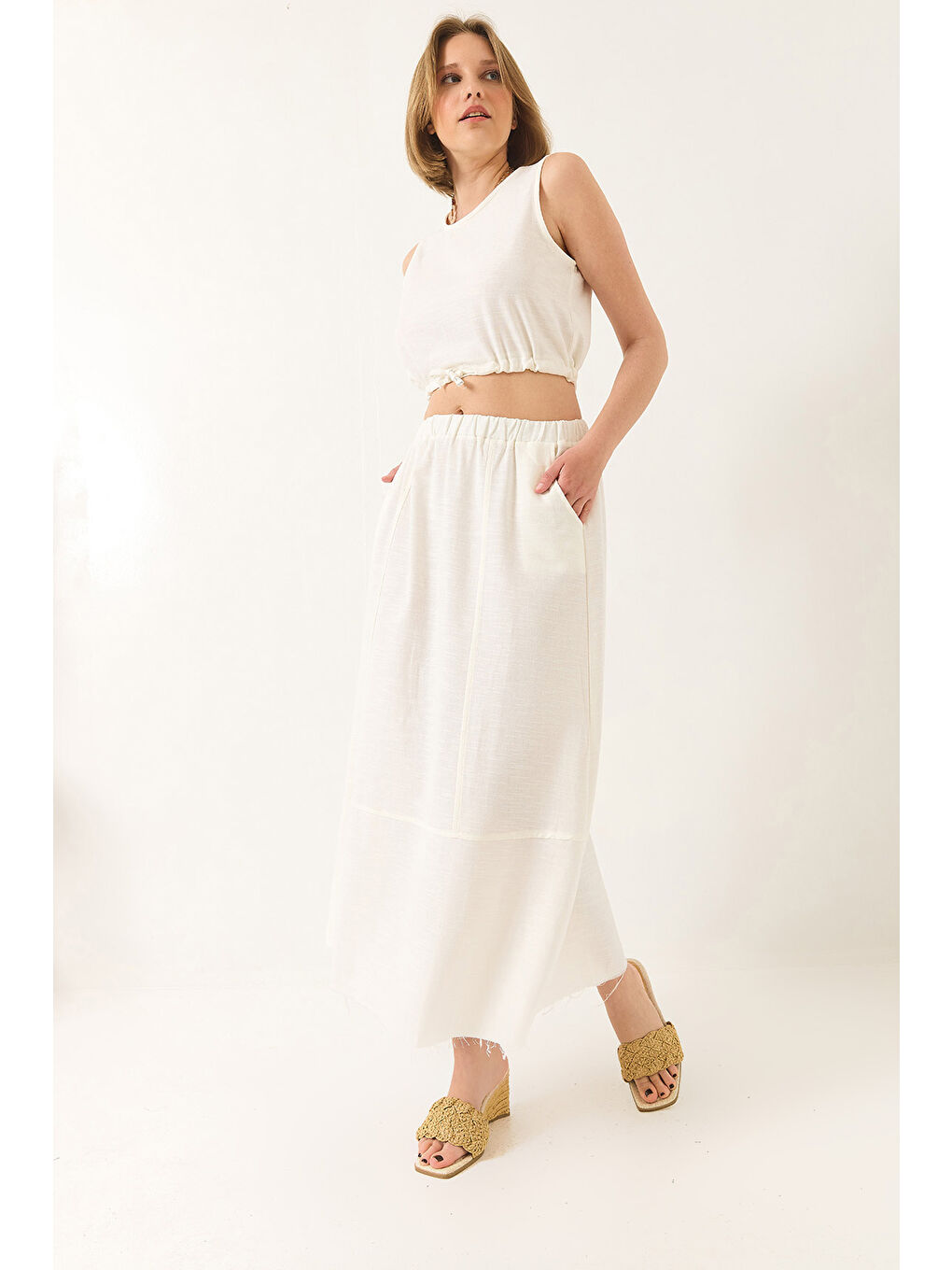 Ekru Kadın Keten Beli Bağlamalı Bluz Cep Detaylı Etek Alt-Üst Takım-2