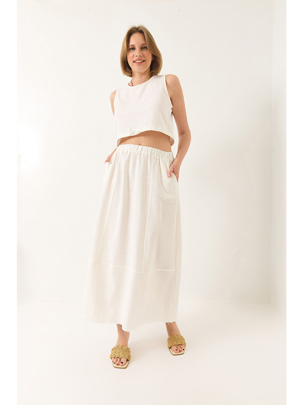 Ekru Kadın Keten Beli Bağlamalı Bluz Cep Detaylı Etek Alt-Üst Takım-4