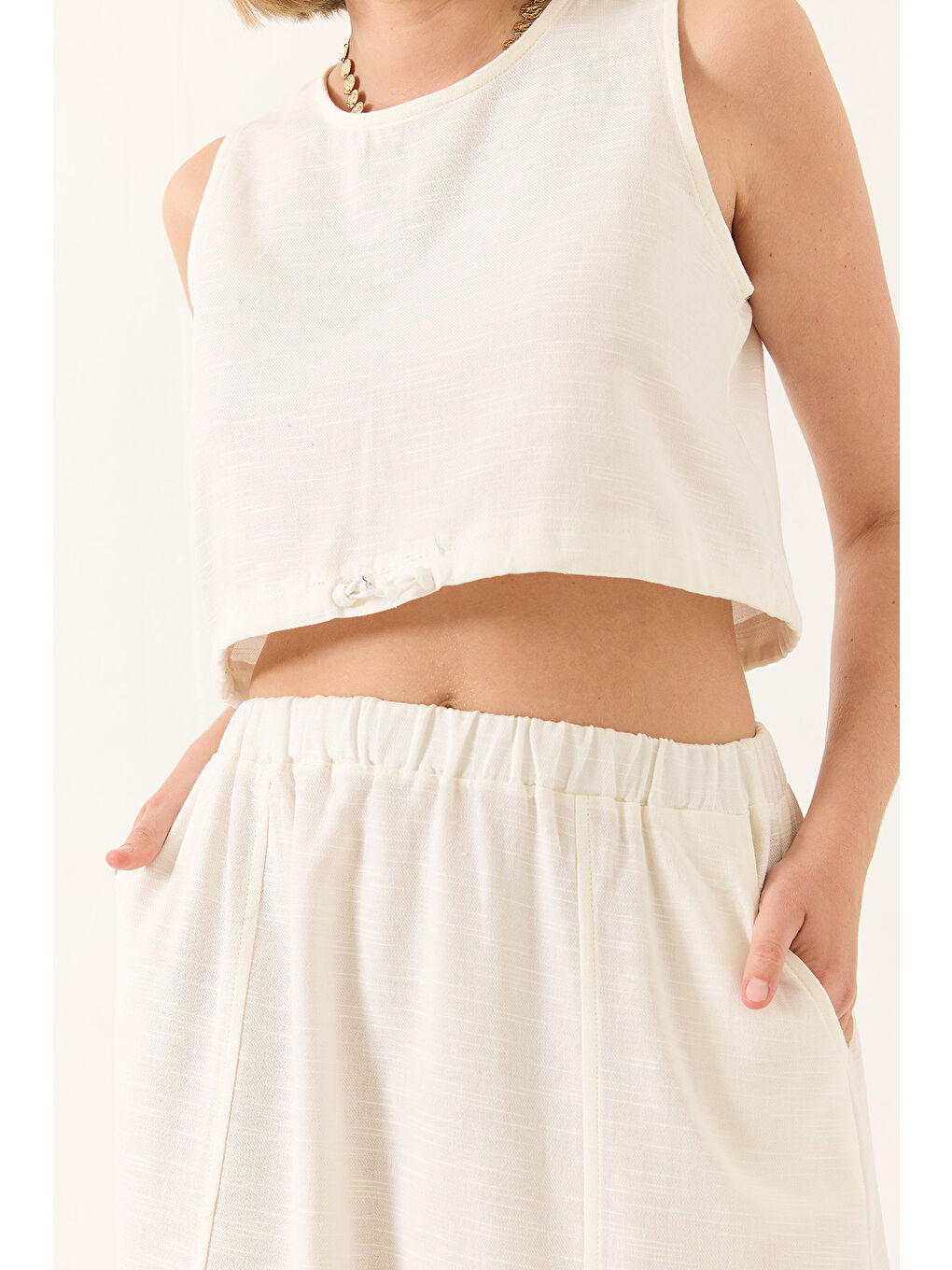 Ekru Kadın Keten Beli Bağlamalı Bluz Cep Detaylı Etek Alt-Üst Takım-5