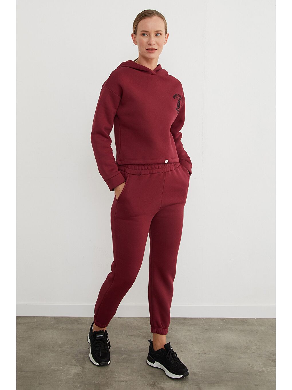 Bordo 3 İplik Ayıcık Nakışlı Kapüşonlu Jogger Eşofman Takımı