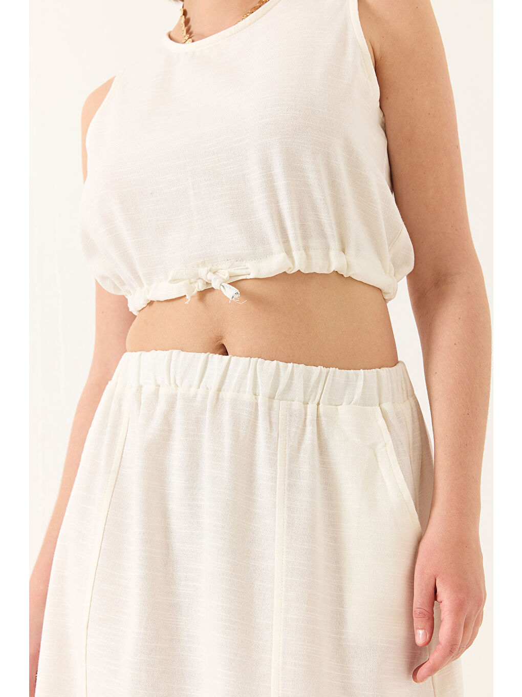 Ekru Kadın Keten Beli Bağlamalı Bluz Cep Detaylı Etek Alt-Üst Takım-6