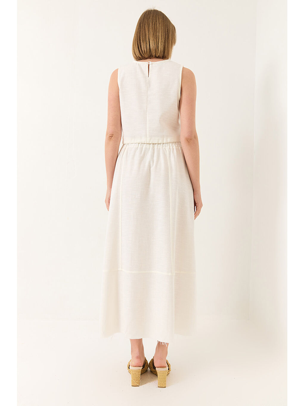 Ekru Kadın Keten Beli Bağlamalı Bluz Cep Detaylı Etek Alt-Üst Takım-7