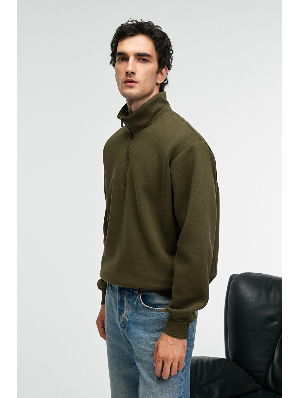 Haki BAXTER Erkek Dik Yakalı Fermuarlı Relaxed KOYU HAKİ Sweatshirt-2