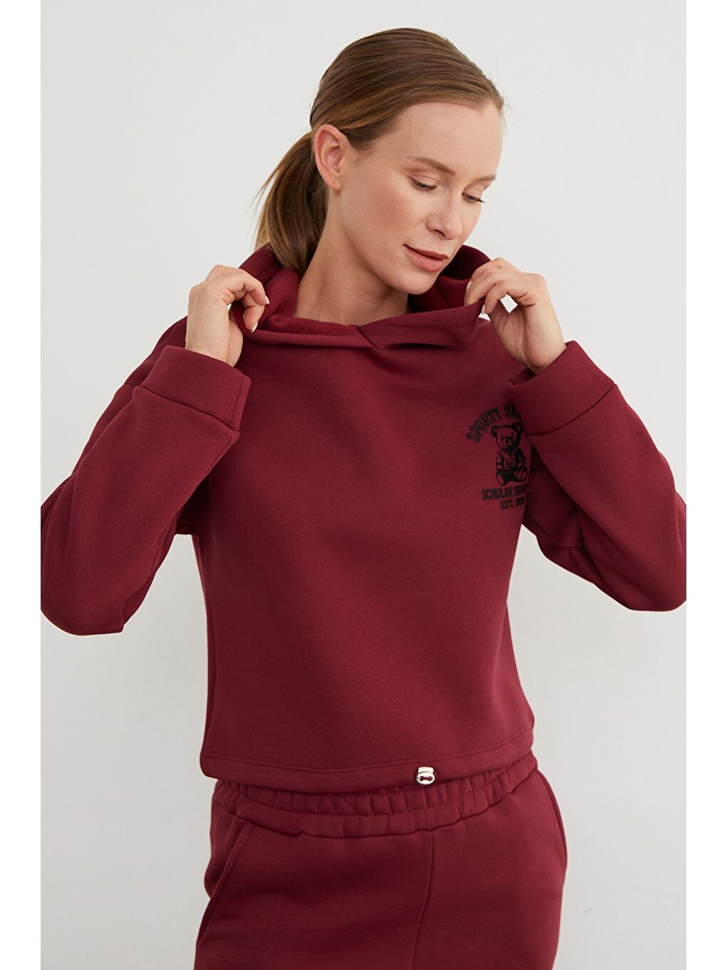 Bordo 3 İplik Ayıcık Nakışlı Kapüşonlu Jogger Eşofman Takımı-1