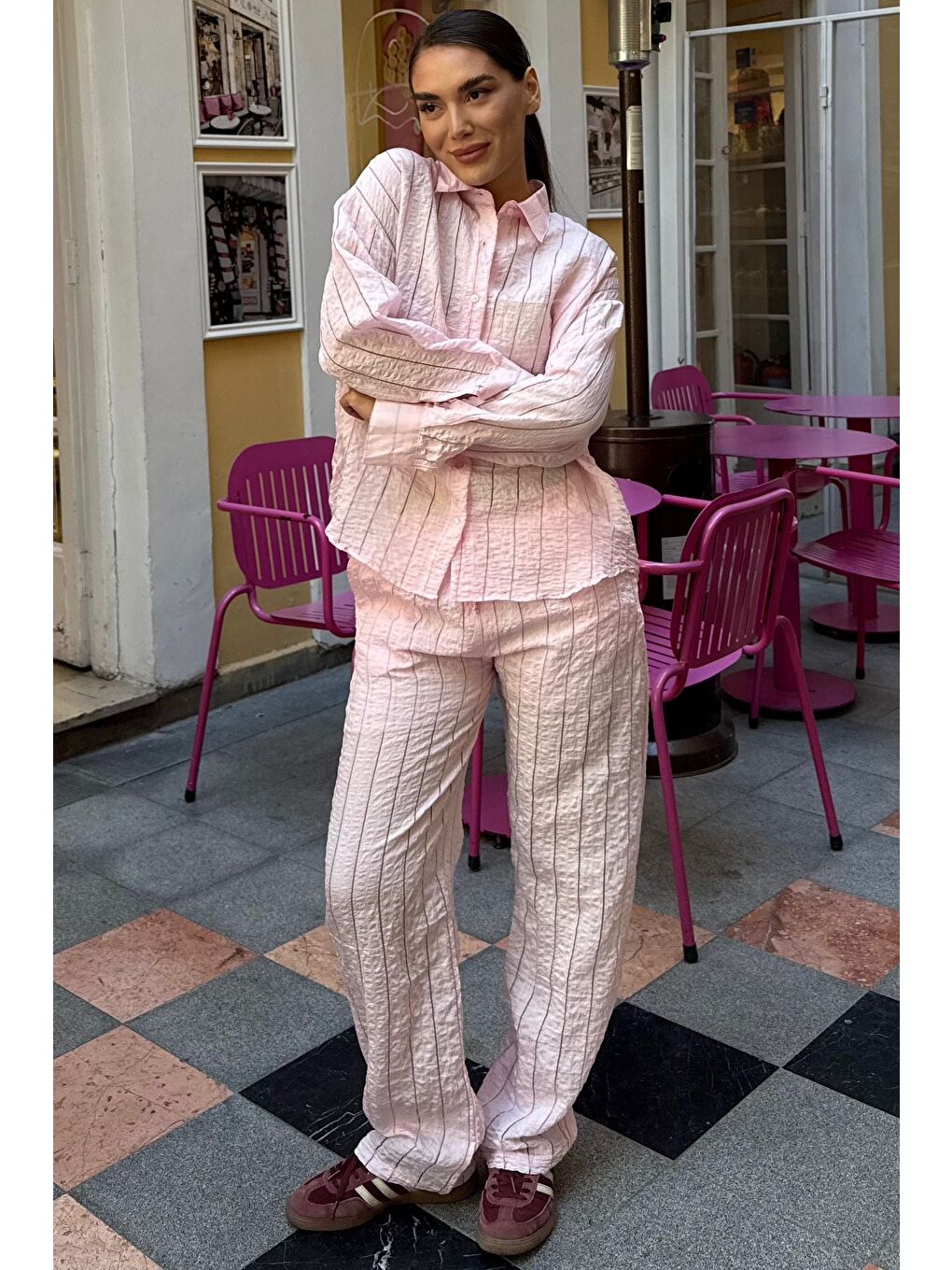 Pembe Transparan Relax Fit Çizgili Takım Mg2740-1