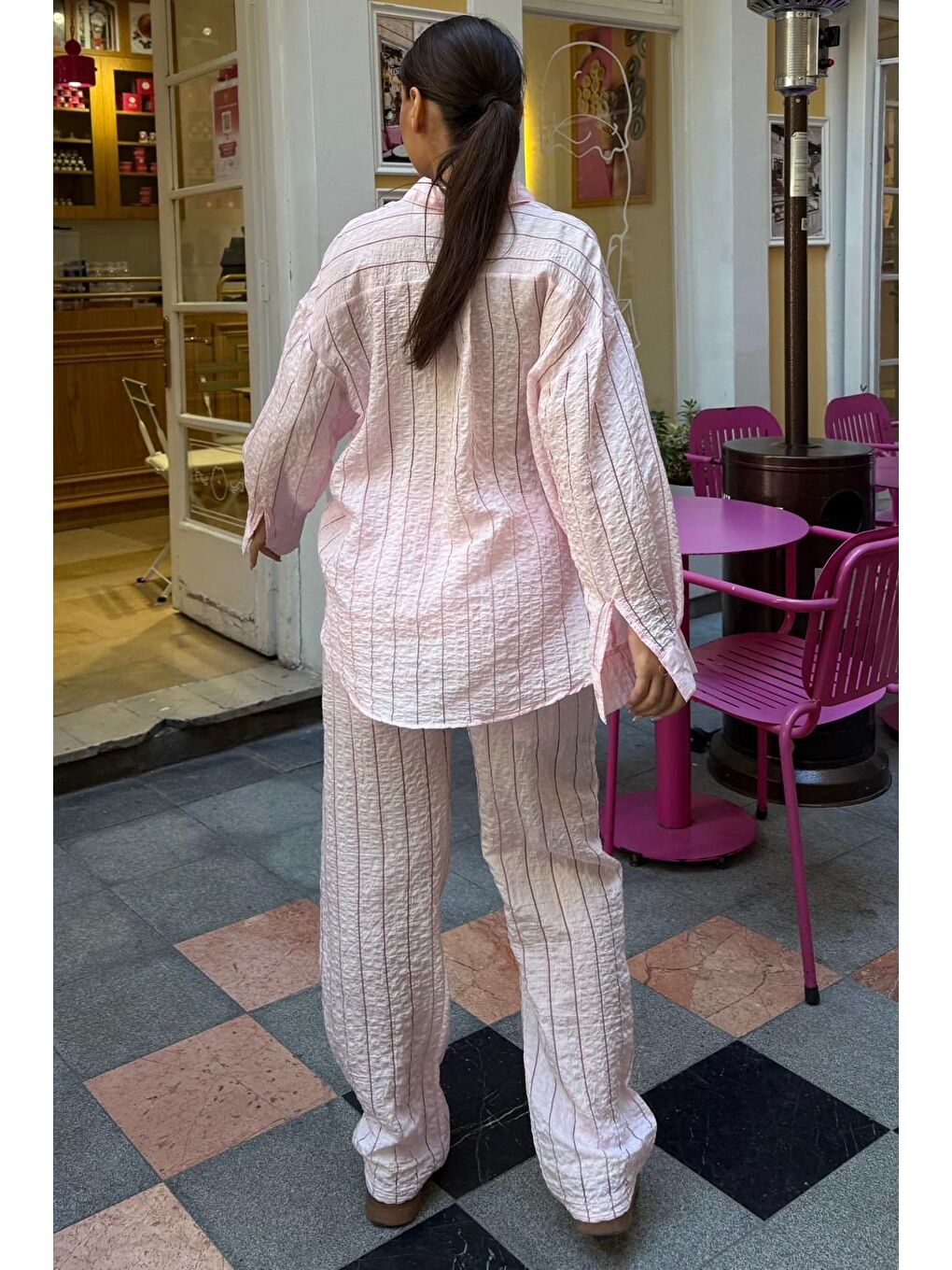Pembe Transparan Relax Fit Çizgili Takım Mg2740-3