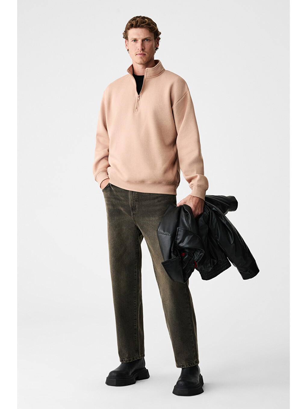 Bej BAXTER Erkek Dik Yakalı Fermuarlı Relaxed VİZON Sweatshirt