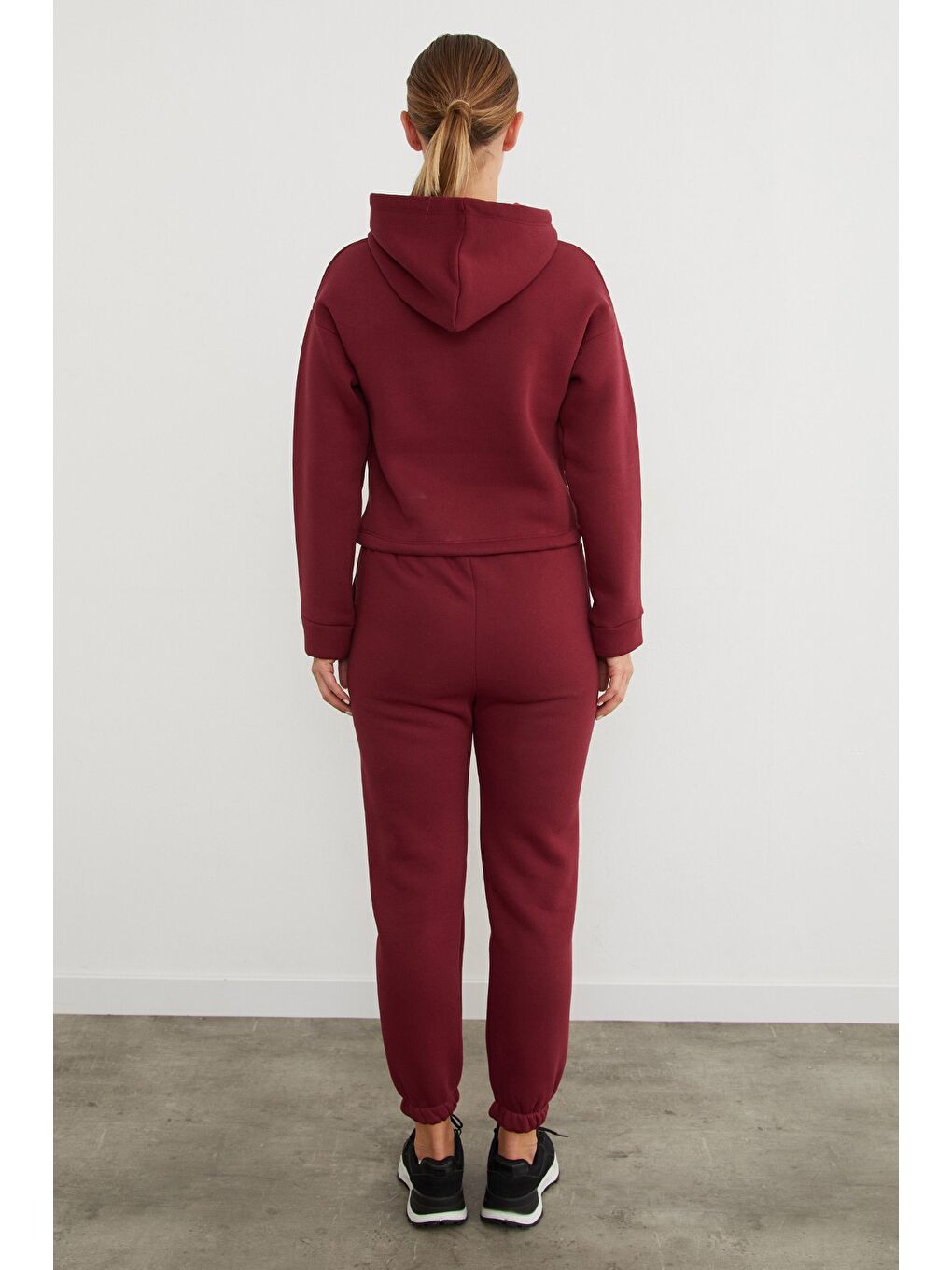 Bordo 3 İplik Ayıcık Nakışlı Kapüşonlu Jogger Eşofman Takımı-3