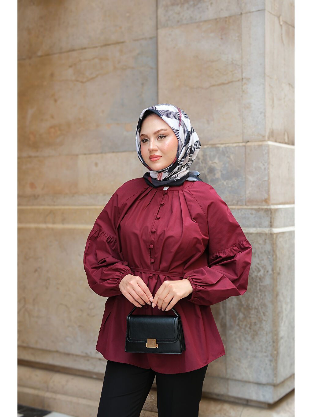 Kadın Brit Düğme Detaylı Gömlek Bordo-1