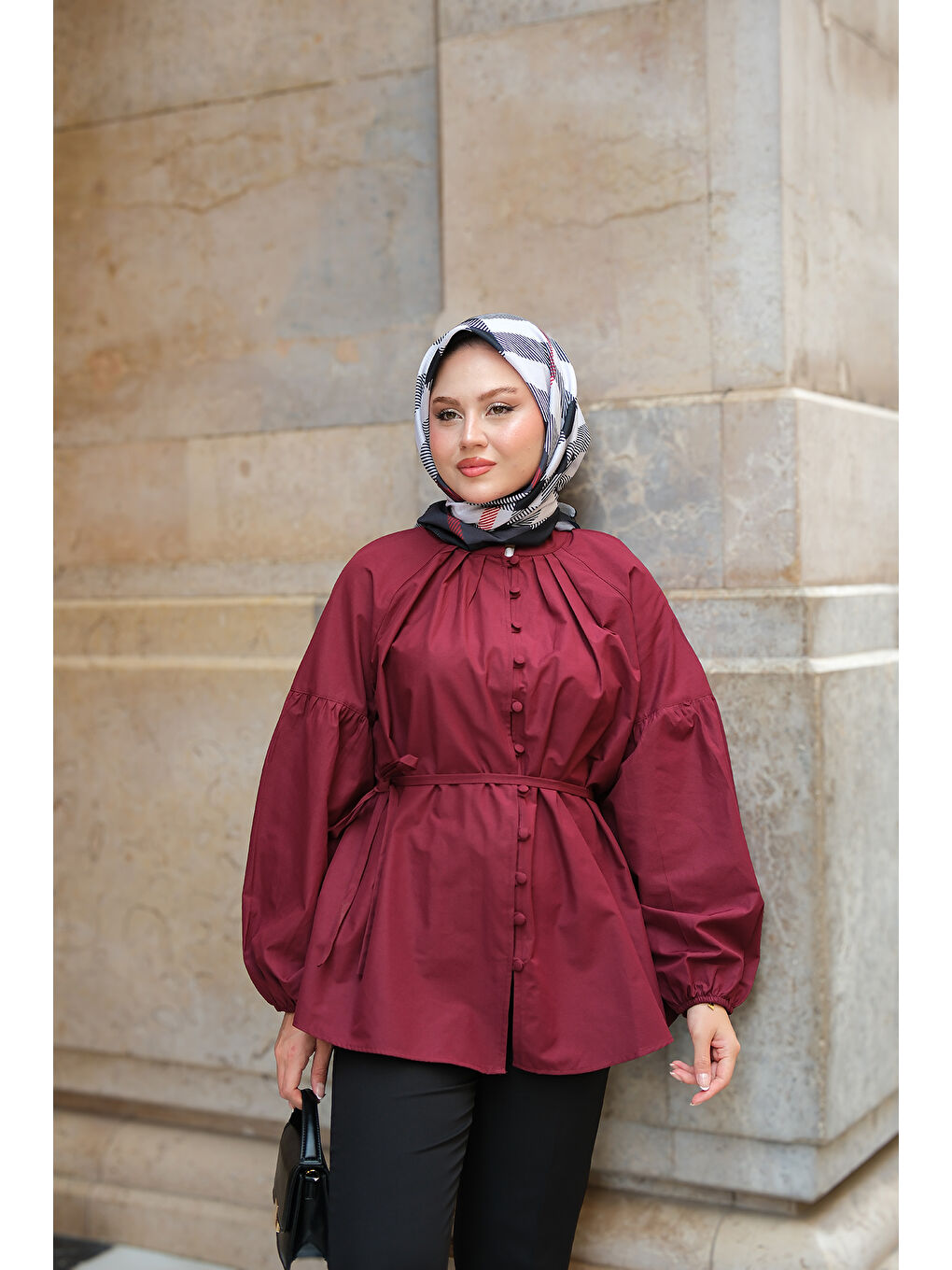 Kadın Brit Düğme Detaylı Gömlek Bordo-2