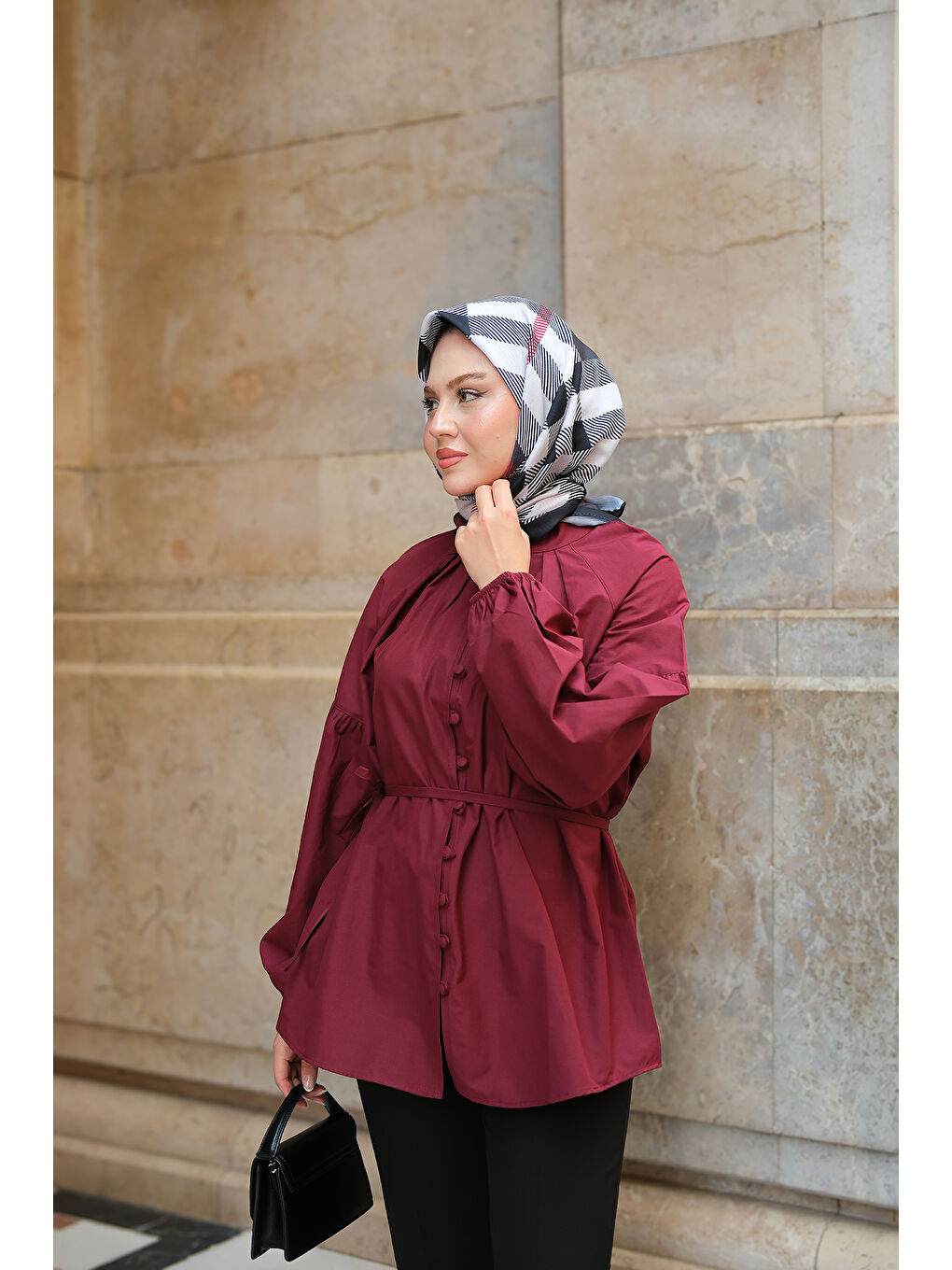 Kadın Brit Düğme Detaylı Gömlek Bordo-3