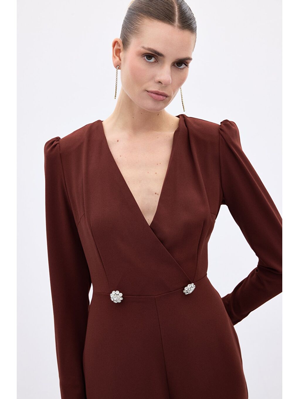 Kruvaze Süs Taşlı Krep Tulum - Bordo-5