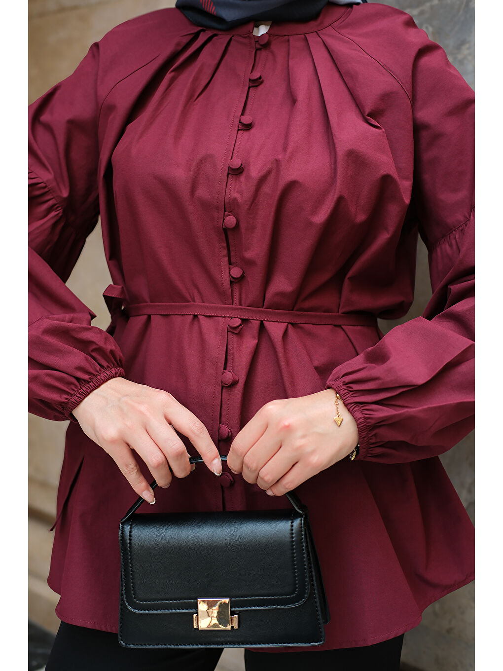 Kadın Brit Düğme Detaylı Gömlek Bordo-4