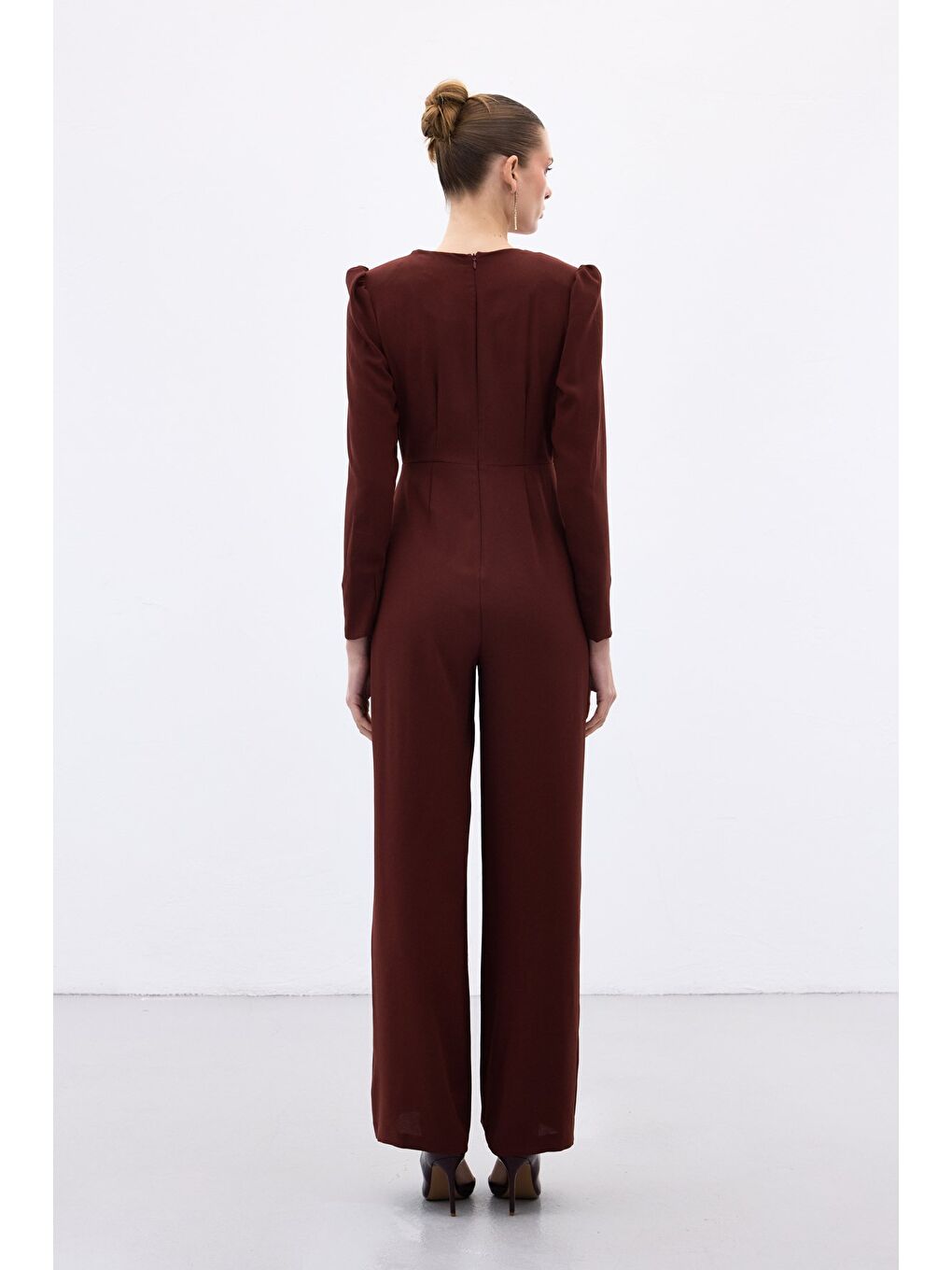 Kruvaze Süs Taşlı Krep Tulum - Bordo-7