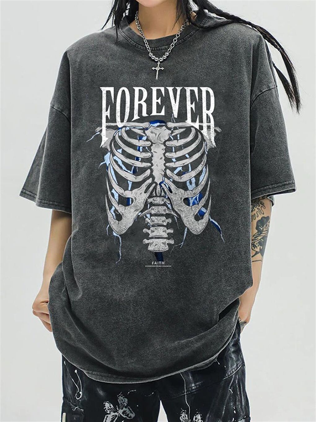 Touz Moda Antrasit Yıkamalı Forever Rib Unisex Eskitme T-shirt