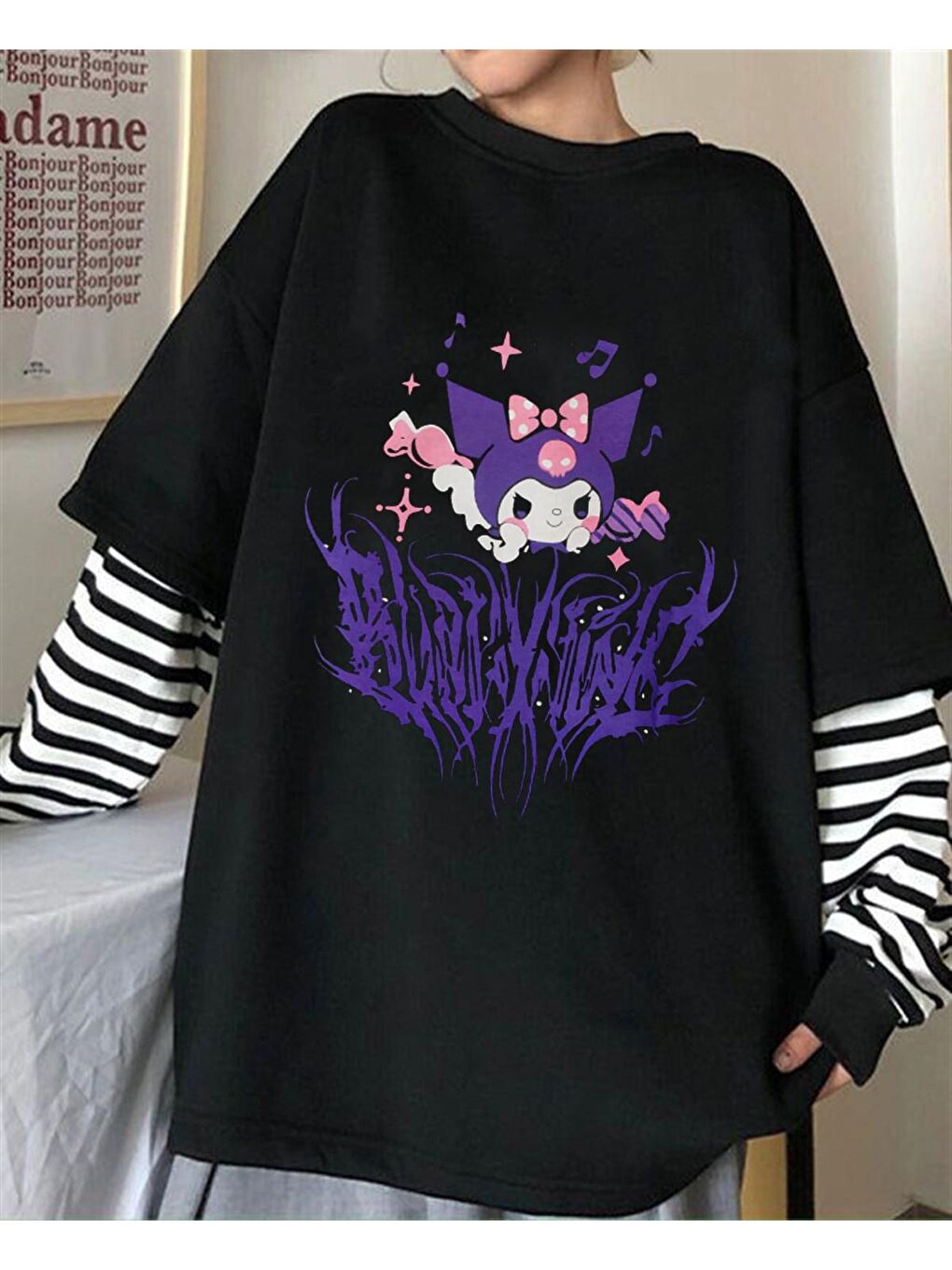 Touz Moda Siyah Harajuku Kuromi Gotik Uzun Kollu Unisex Oversize T-shirt