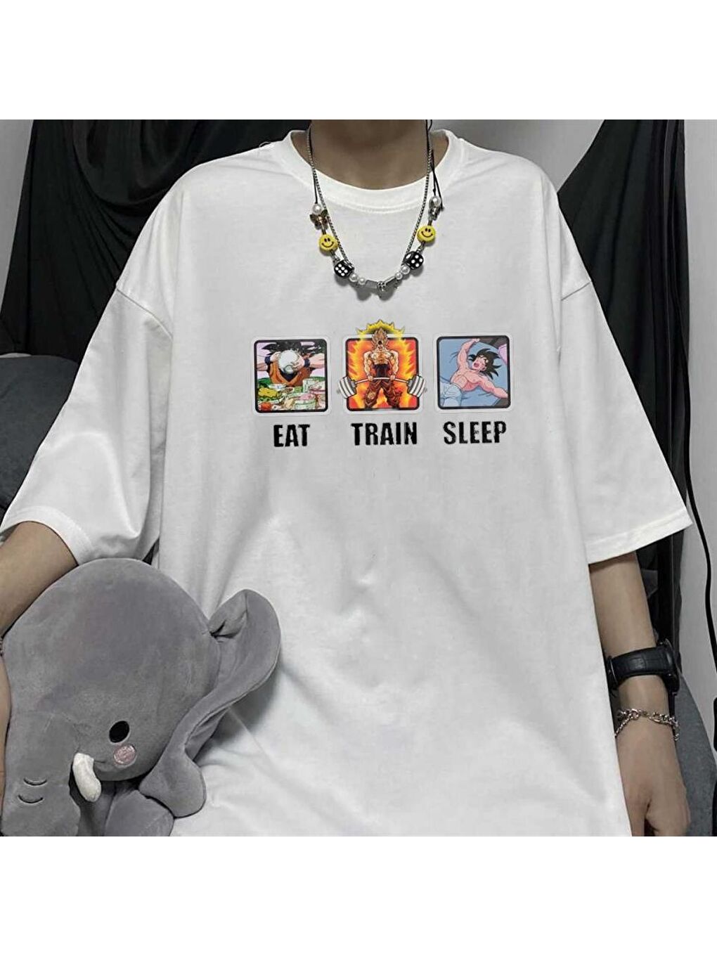 Touz Moda Beyaz Eat Train Sleep Beyaz Unisex Oversize T-shirt