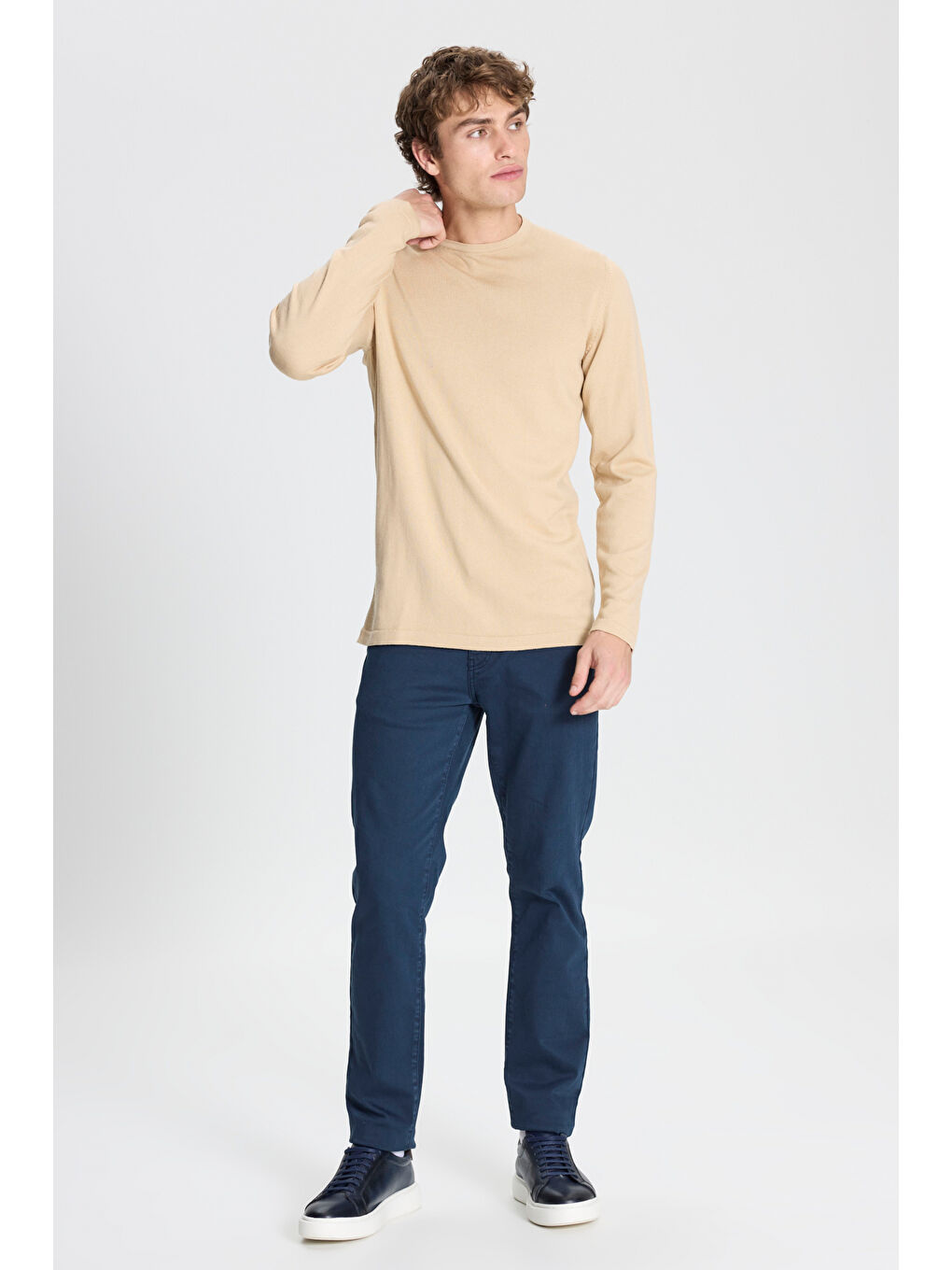 Erkek Bej Standart Fit Normal Kesim Bisiklet Yaka Triko Kazak-1