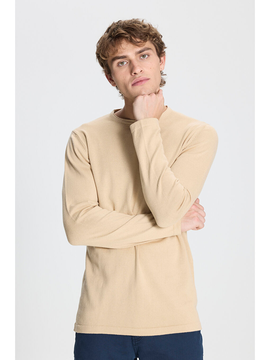 Erkek Bej Standart Fit Normal Kesim Bisiklet Yaka Triko Kazak-2