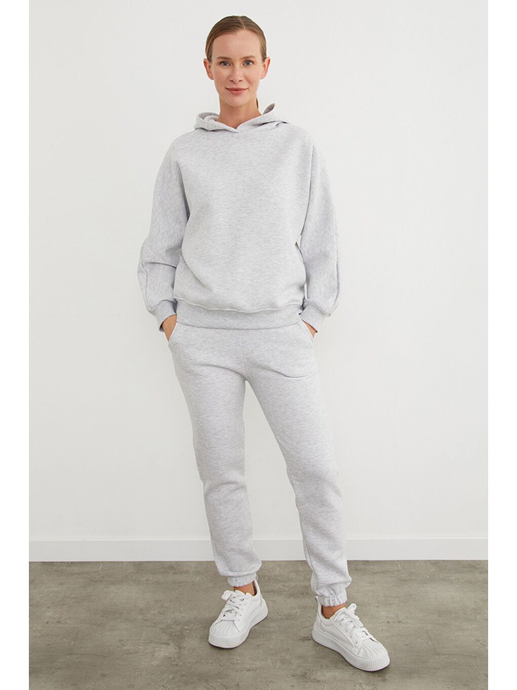 Gri 3 İplik Basic Kapüşonlu Jogger Eşofman Takımı