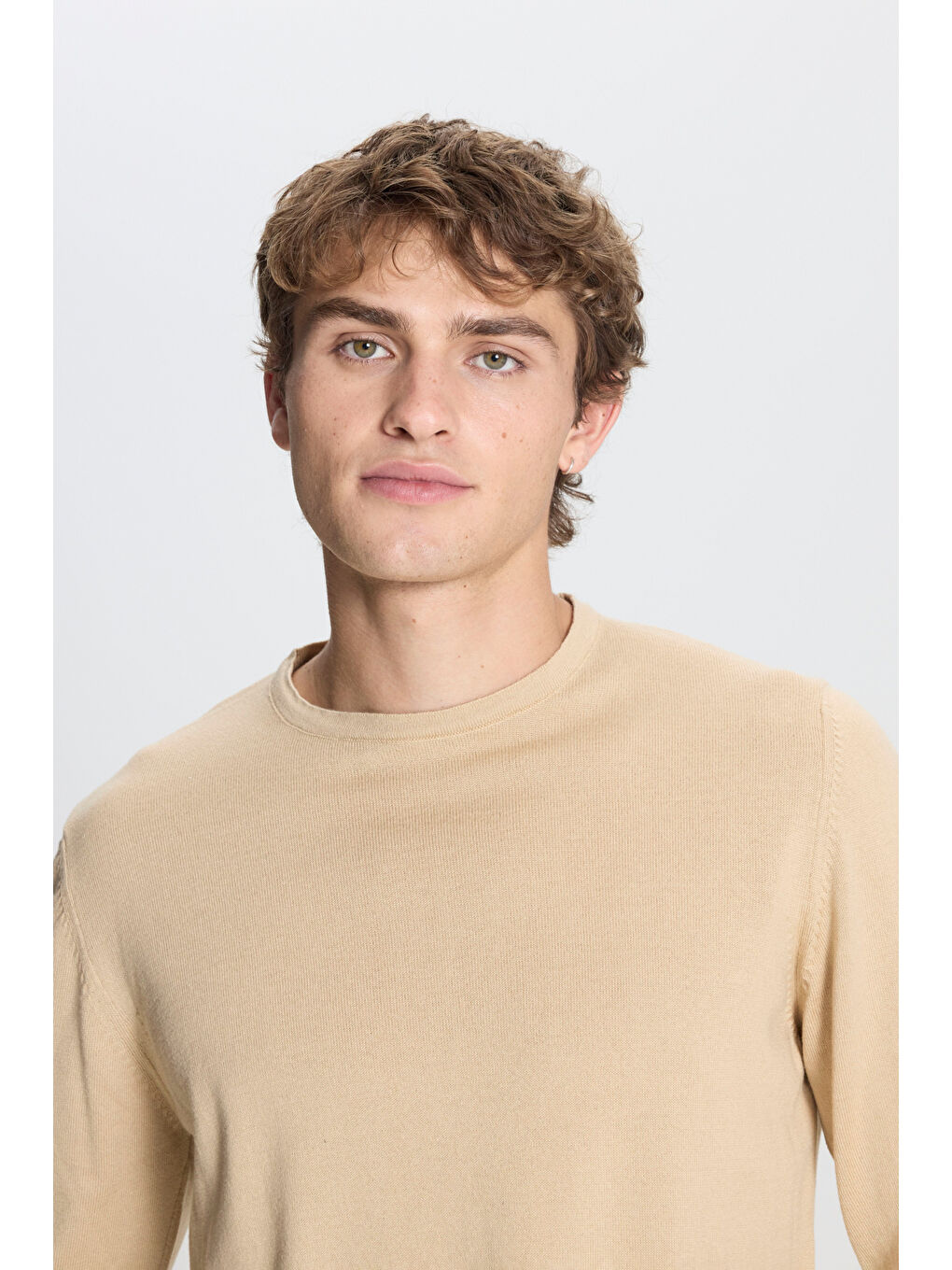 Erkek Bej Standart Fit Normal Kesim Bisiklet Yaka Triko Kazak-3