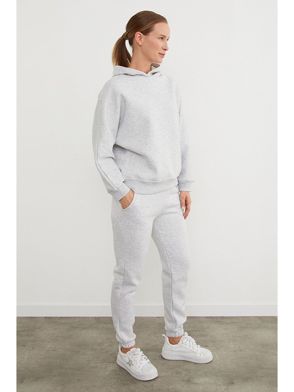 Gri 3 İplik Basic Kapüşonlu Jogger Eşofman Takımı-1