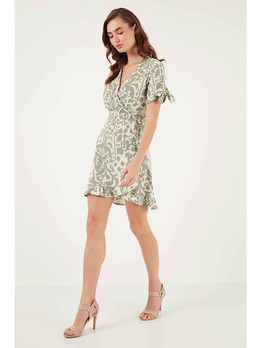 Yeşil Desenli Regular Fit Kruvaze Yaka Mini Elbise 5865725-2