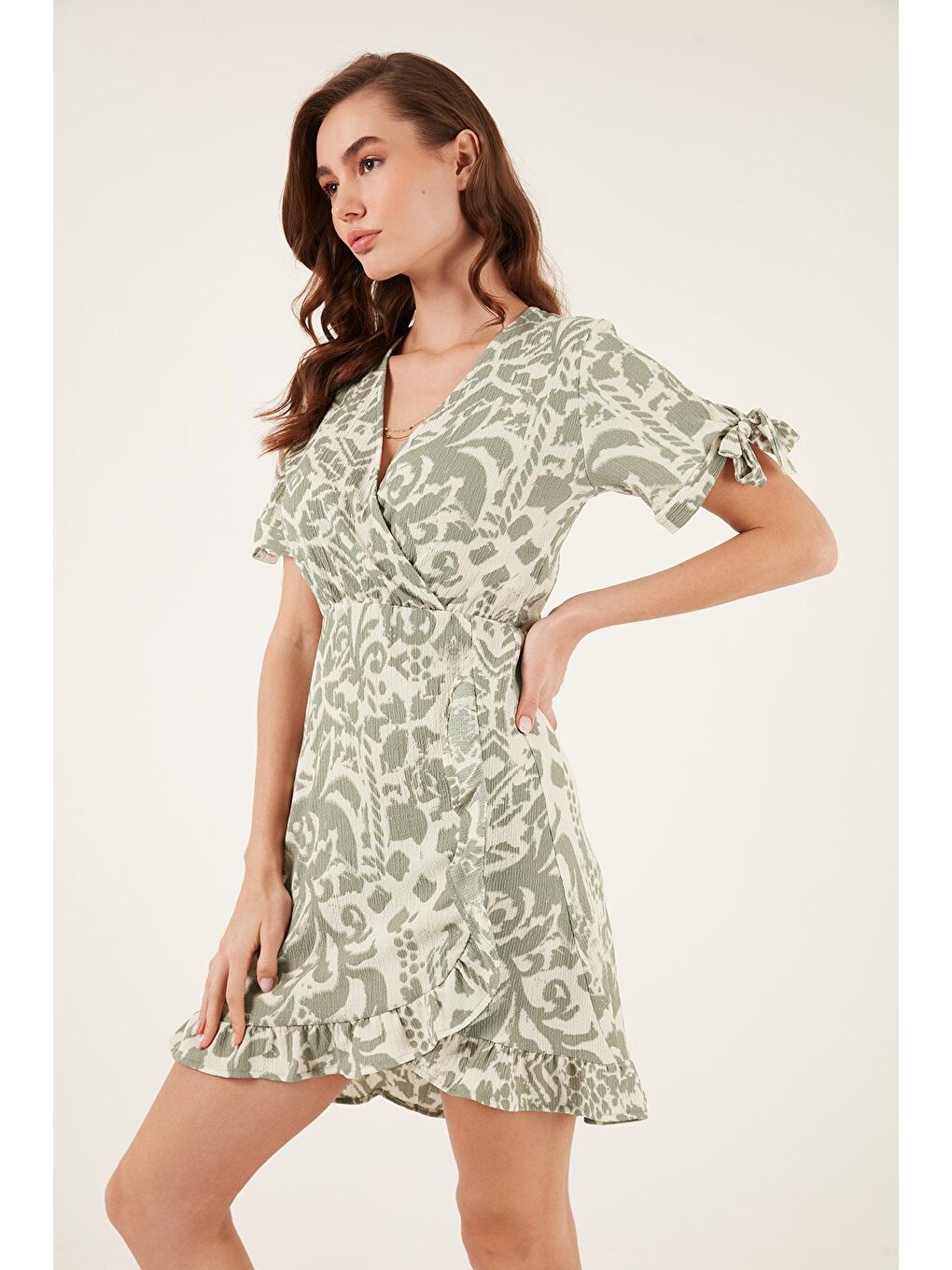 Yeşil Desenli Regular Fit Kruvaze Yaka Mini Elbise 5865725-3