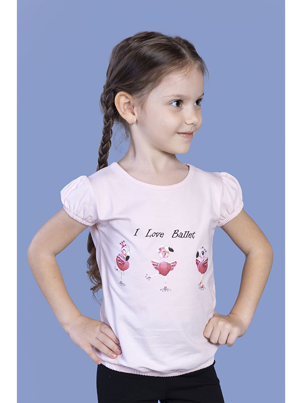 Pembe Kız Çocuk Lastikli Büzgü Detaylı Baskılı Tişört