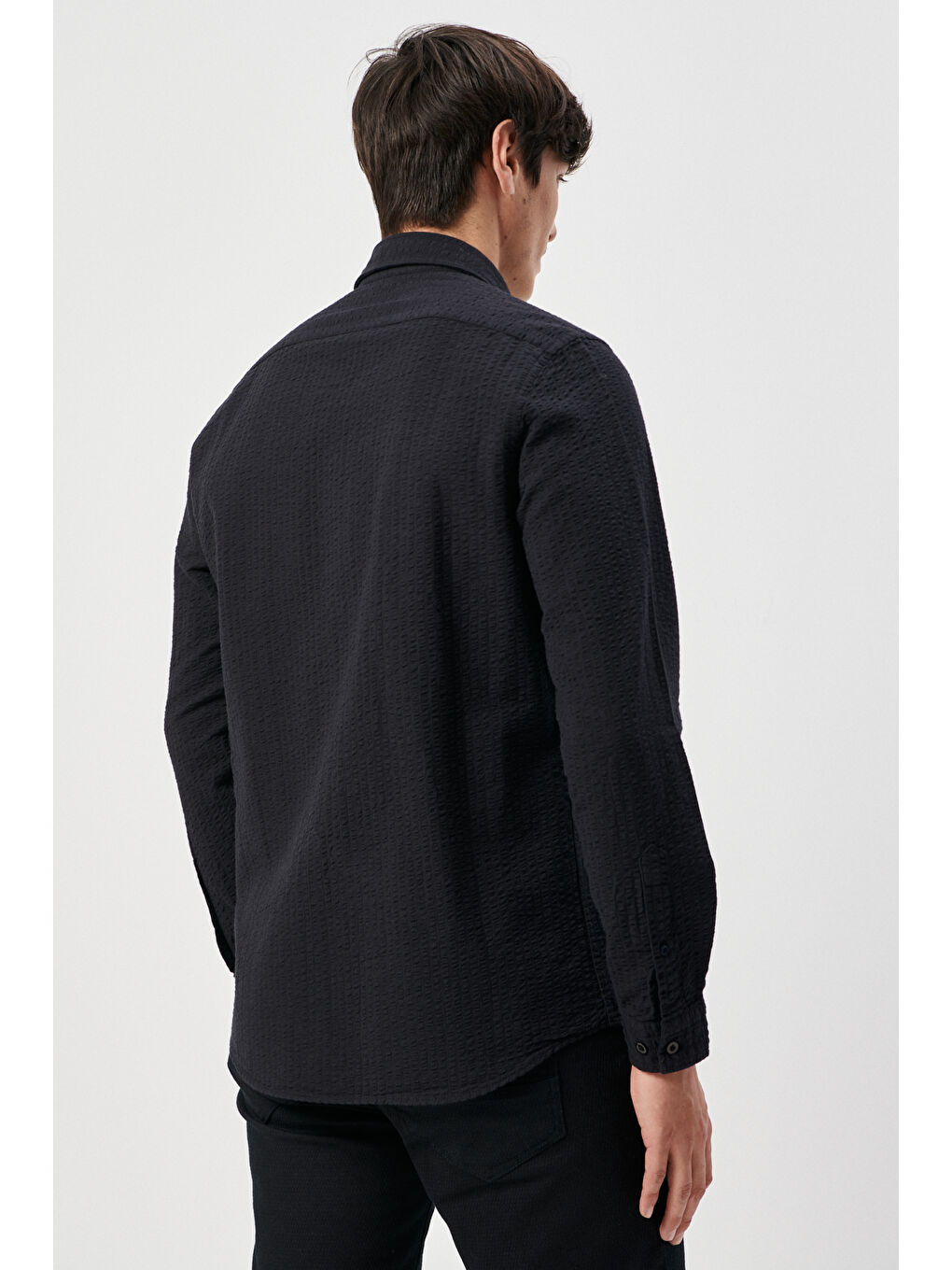 Erkek Siyah Slim Fit Dar Kesim İtalyan Yaka %100 Pamuk Gofre Gömlek-4