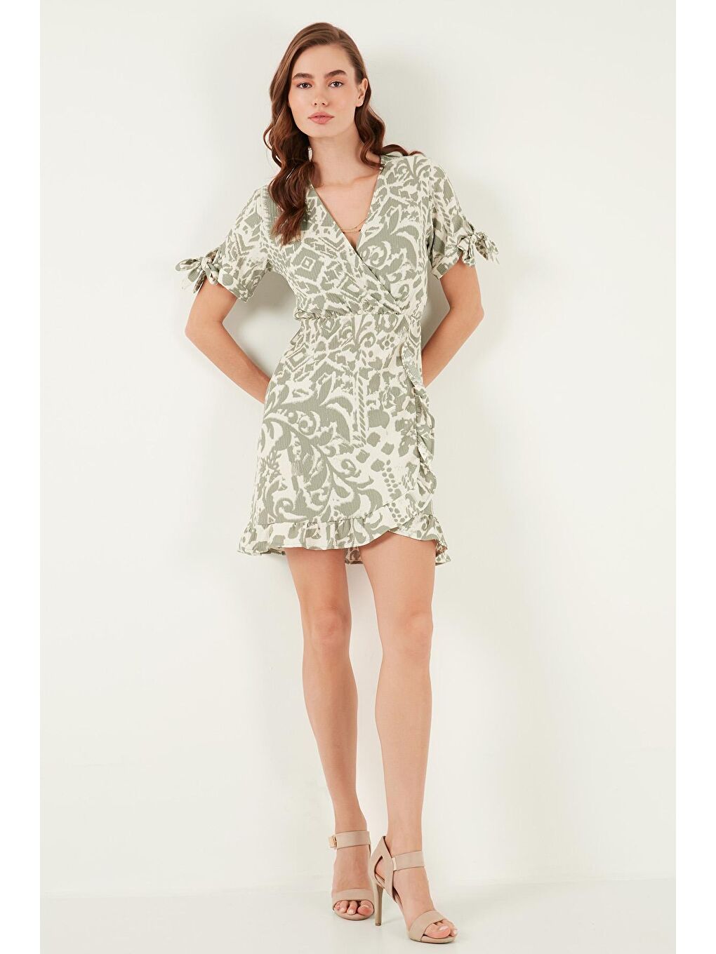 Yeşil Desenli Regular Fit Kruvaze Yaka Mini Elbise 5865725-4