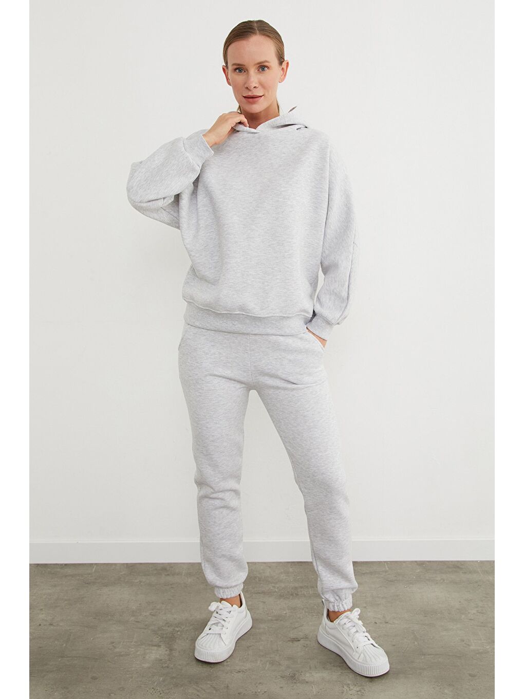 Gri 3 İplik Basic Kapüşonlu Jogger Eşofman Takımı-3