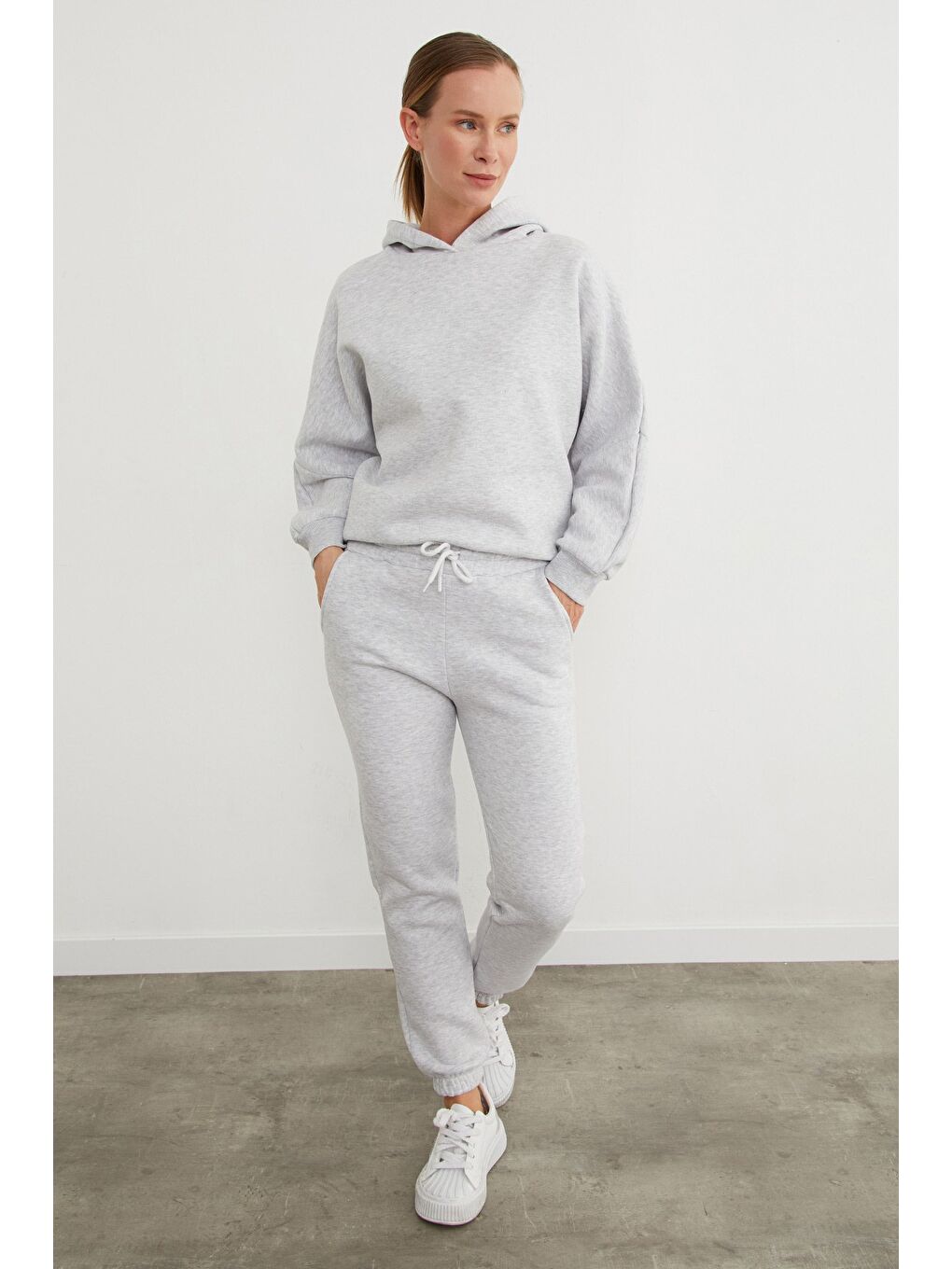 Gri 3 İplik Basic Kapüşonlu Jogger Eşofman Takımı-4