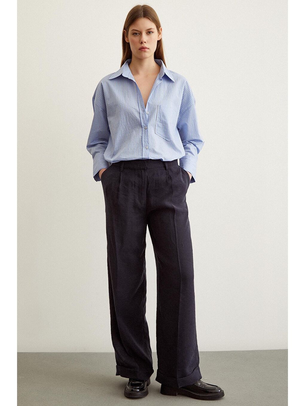 Mavi Çizgili Oversize Gömlek-3