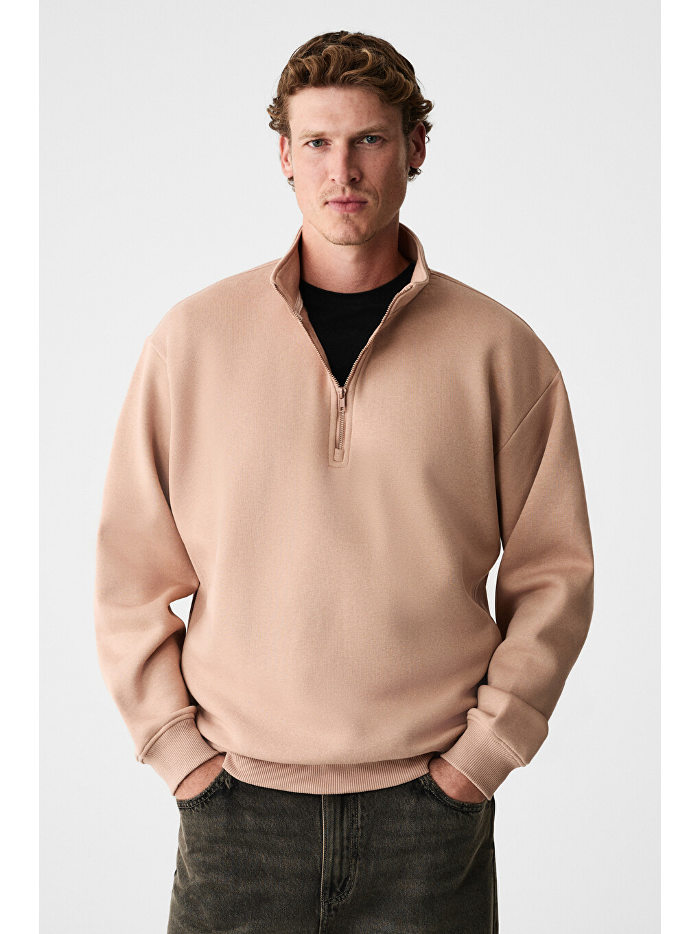Bej BAXTER Erkek Dik Yakalı Fermuarlı Relaxed VİZON Sweatshirt-1