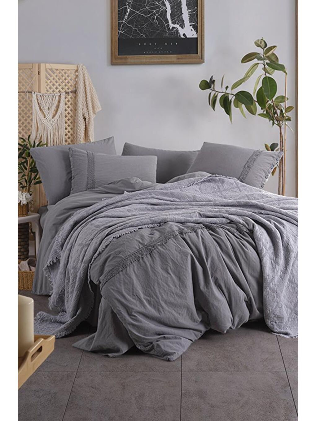 Grace 7 Parça %100 Pamuk Çift Kişilik Pikeli Nevresim Takımı Antrasit