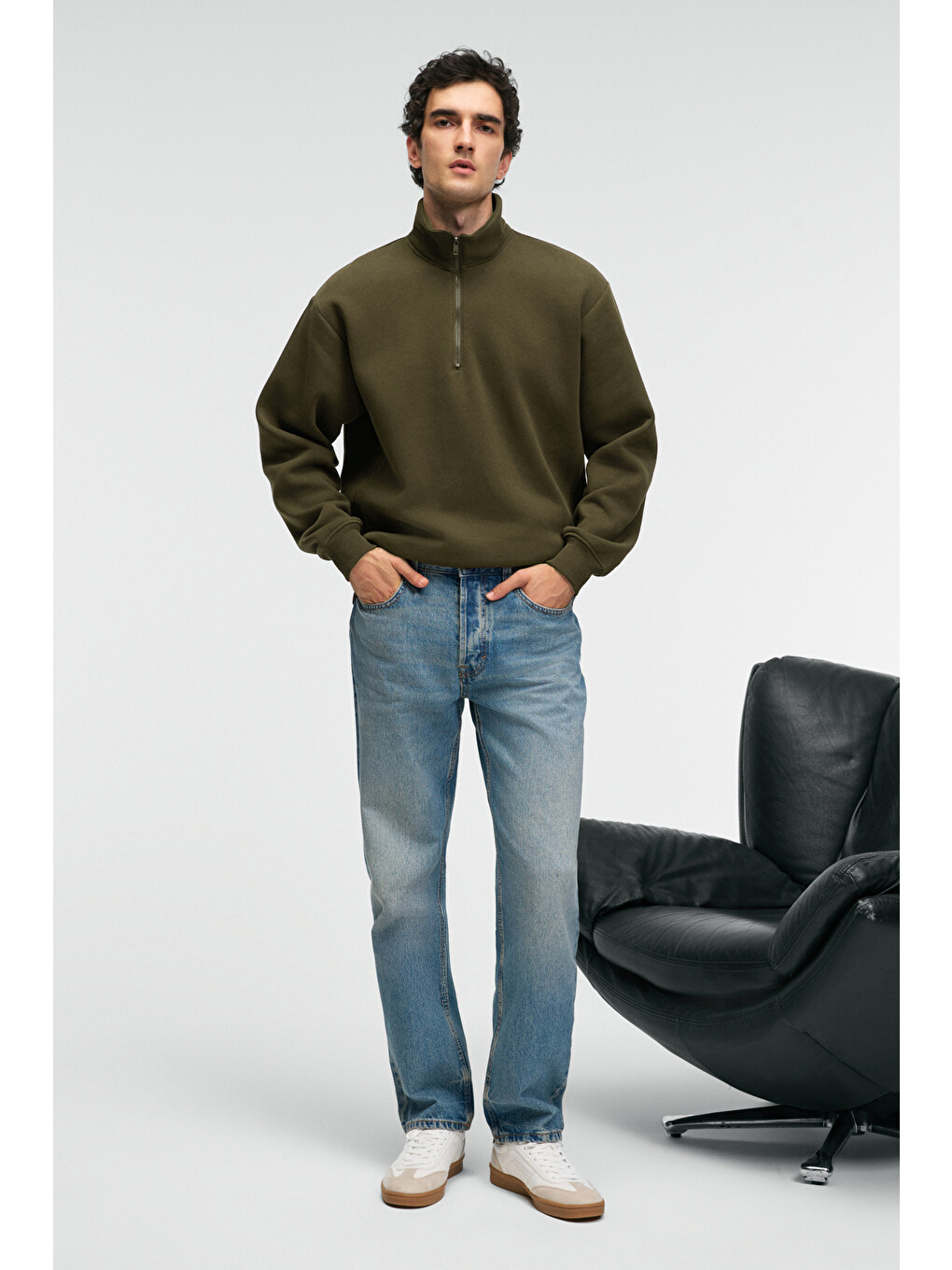 Haki BAXTER Erkek Dik Yakalı Fermuarlı Relaxed KOYU HAKİ Sweatshirt-3