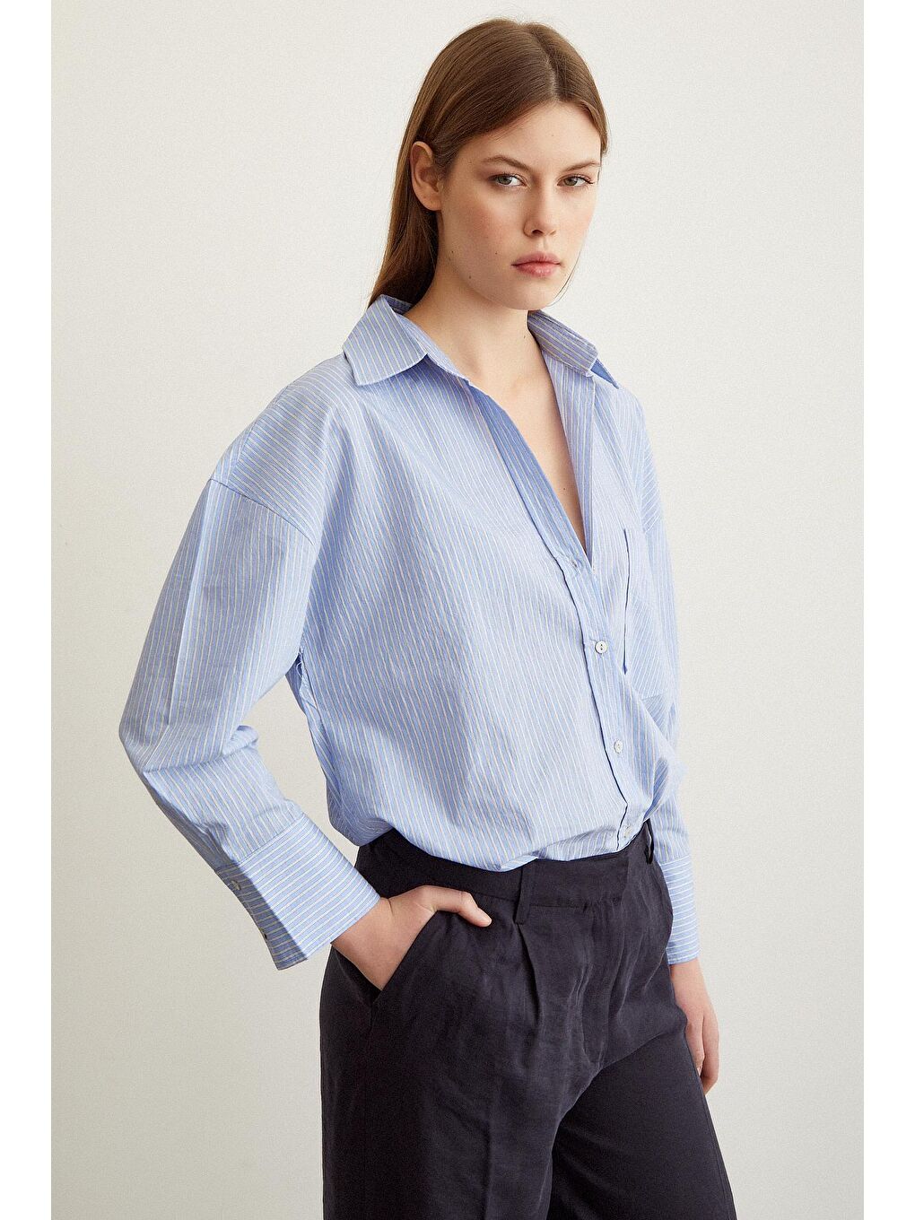 Mavi Çizgili Oversize Gömlek-4