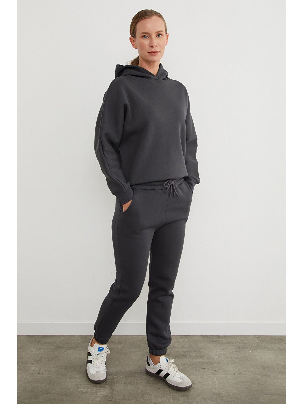 Gri 3 İplik Basic Kapüşonlu Jogger Eşofman Takımı-1